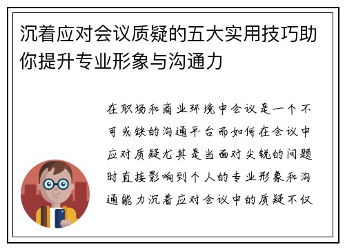 沉着应对会议质疑的五大实用技巧助你提升专业形象与沟通力