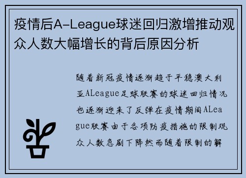 疫情后A-League球迷回归激增推动观众人数大幅增长的背后原因分析